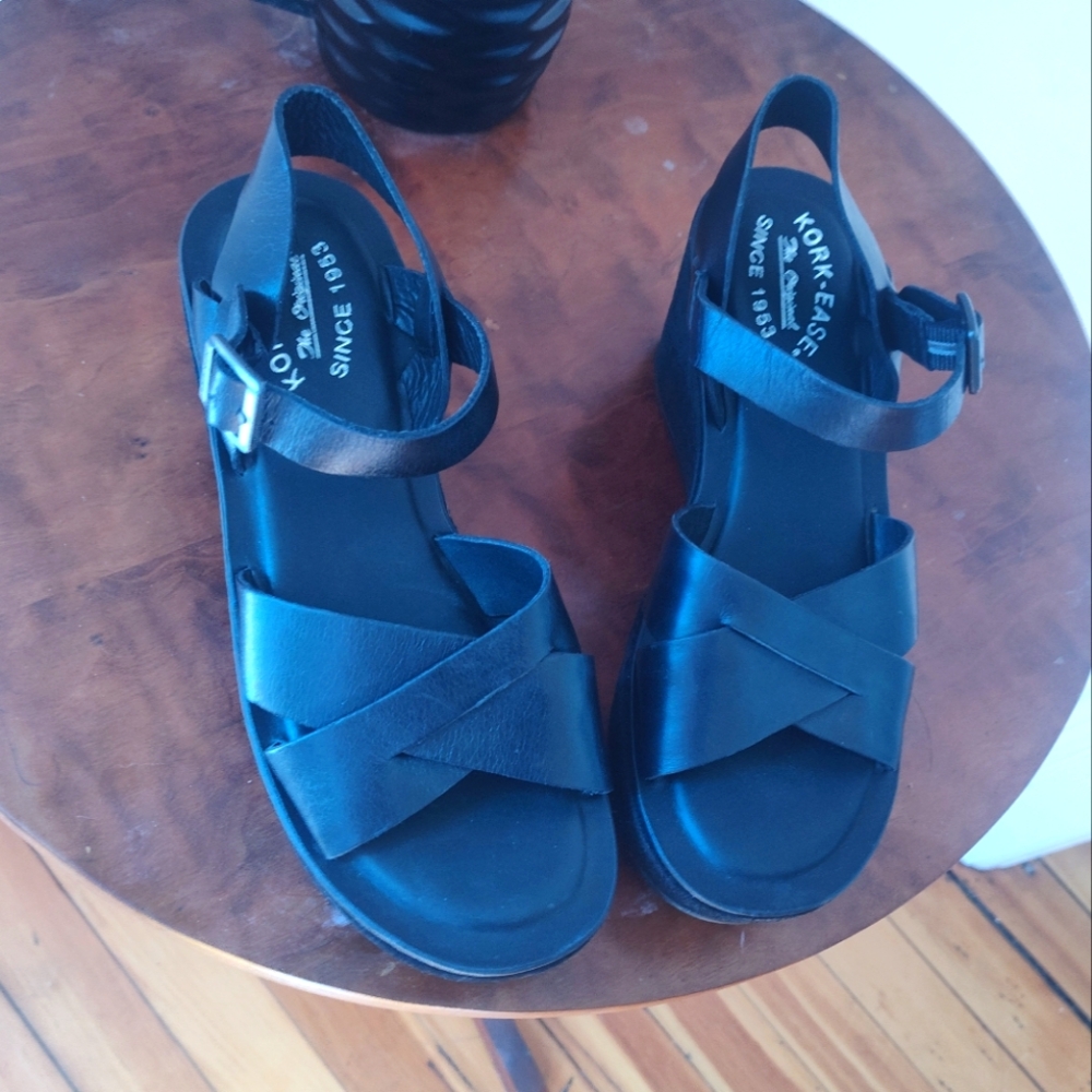 Kork-ease black leather and suede ankle strap wedges